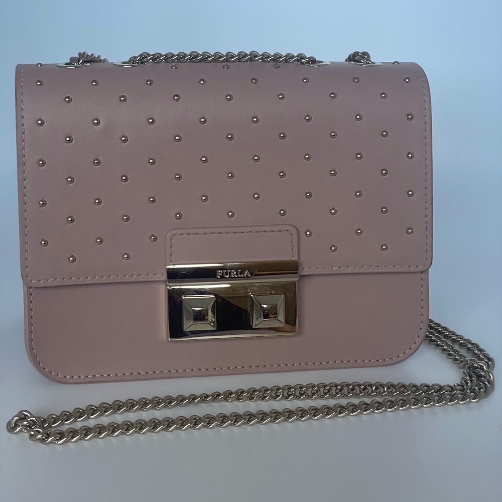 Furla Metropolis Mini Studded Leather Crossbody Blush Pink Saffiano Chain Bag